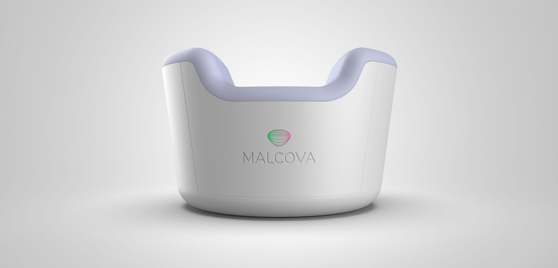 3D rendering of Malcova's innovative new breast imaging technology. Modern ergonomic white device with purple accents and the Malcova logo on the front against a light gray background.