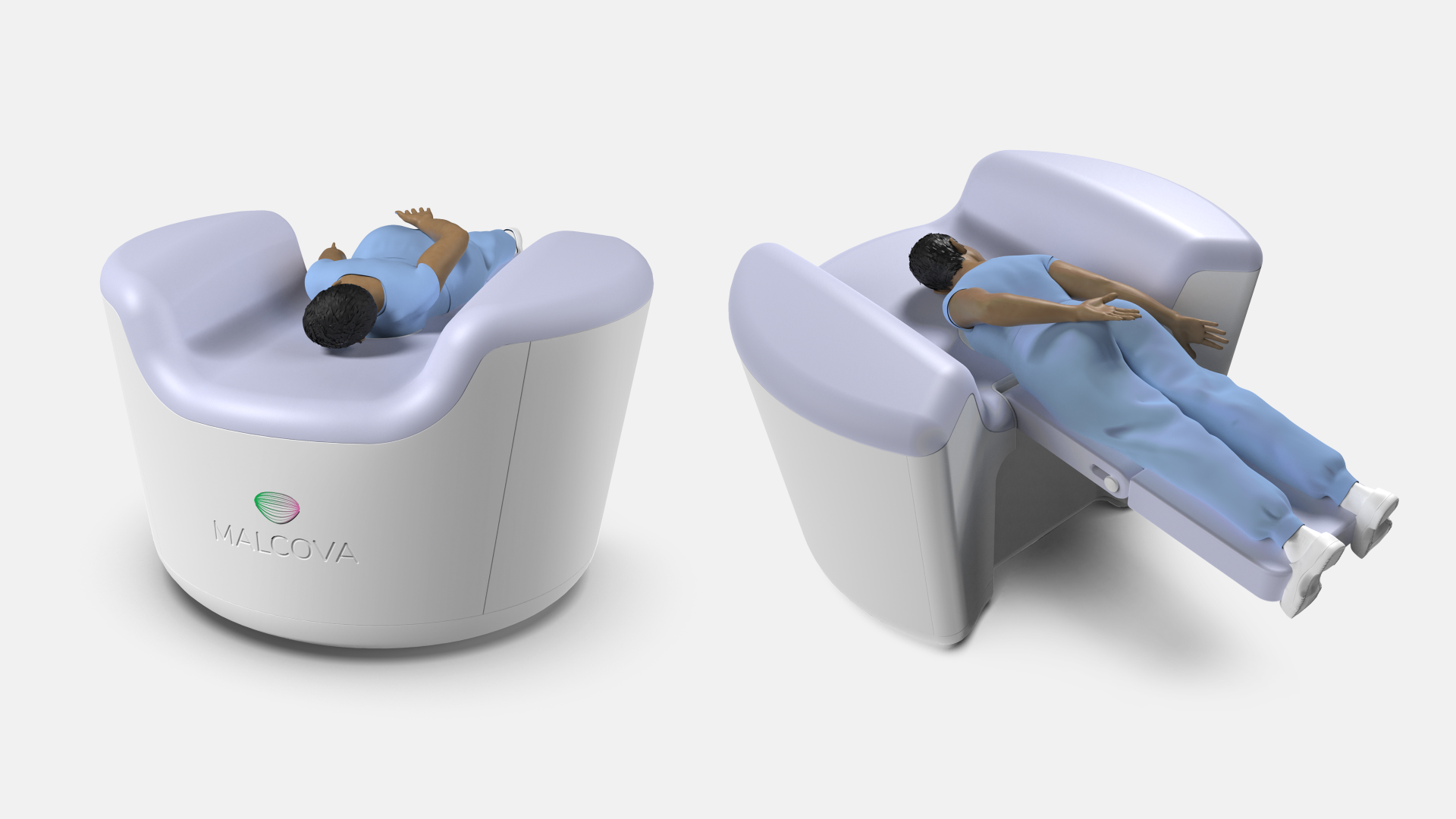 Two 3d renderings of a person lying in Malcova's innovative new breast imaging system, one view is front three-quarter the other view is top overhead.