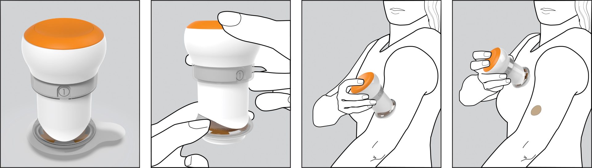 A four-panel illustration showing the steps for using a handheld transdermal patch applicator: from resting position, opening, applying on skin, to pressing the dispenser button.