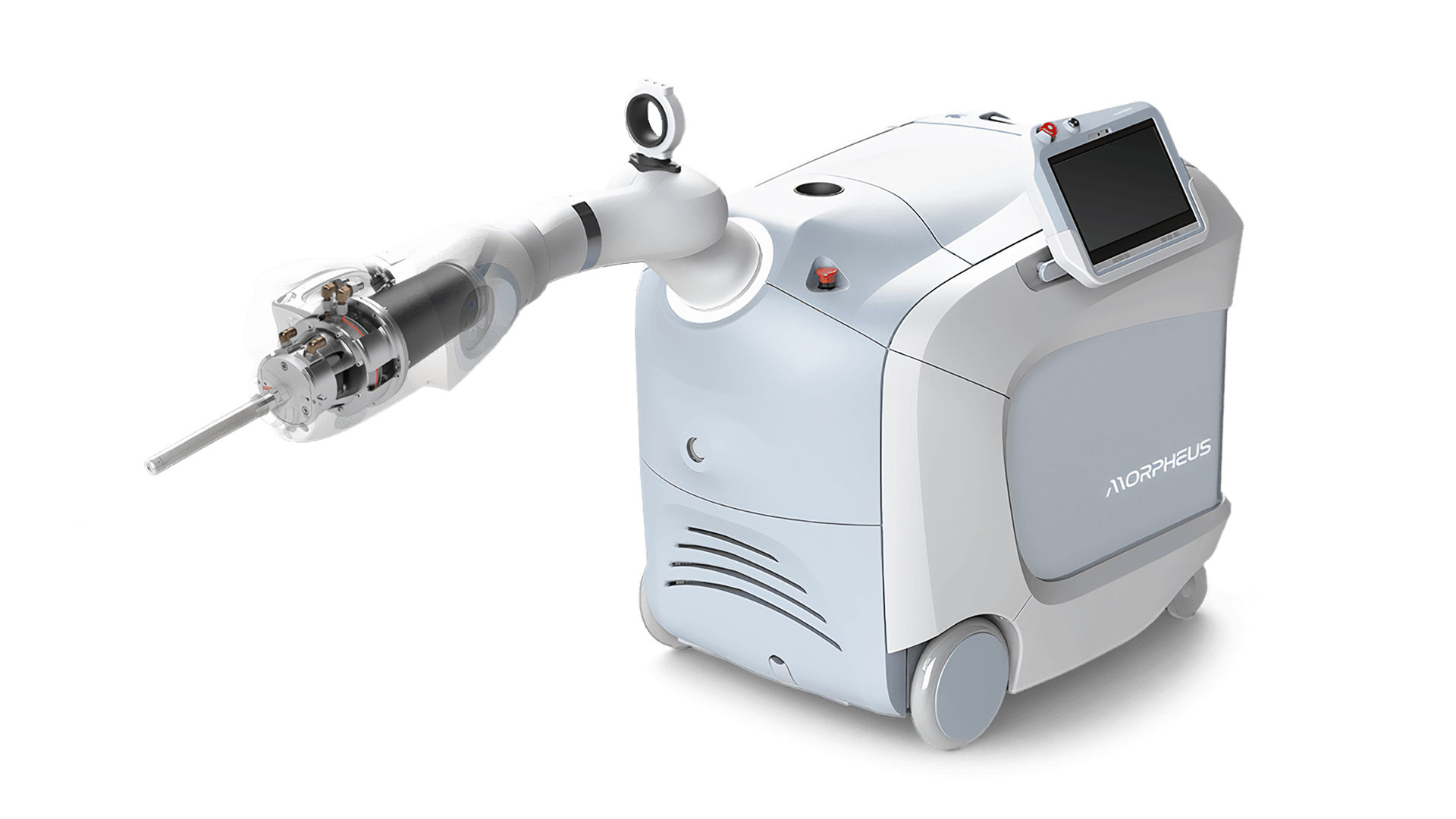A 3D rendering of the Empyrean Morpheus robotic radiation therapy system.