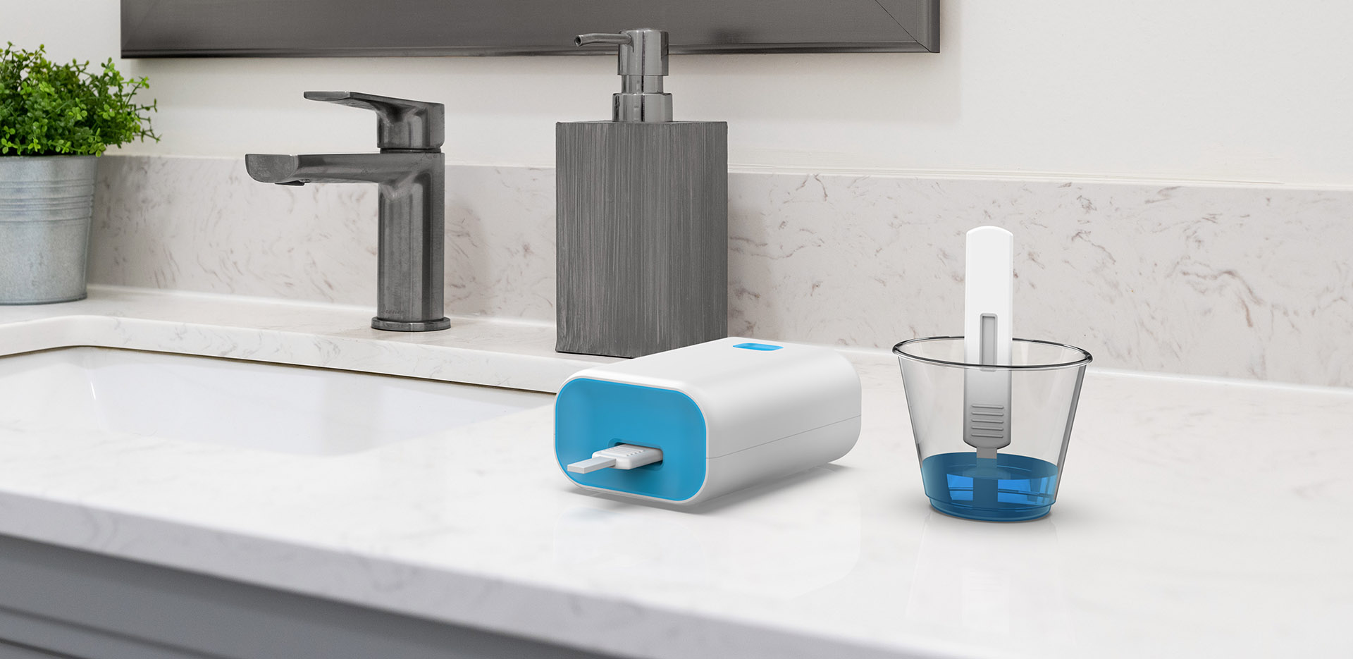 A conceptual rendering of the at-home diagnostic device next to a bathroom sink.