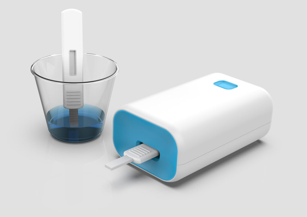 An isolated conceptual 3D rendering of the at-home diagnostic device next to a cup with blue liquid.