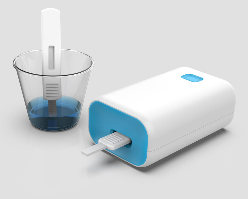 An isolated conceptual 3D rendering of the at-home diagnostic device next to a cup with blue liquid