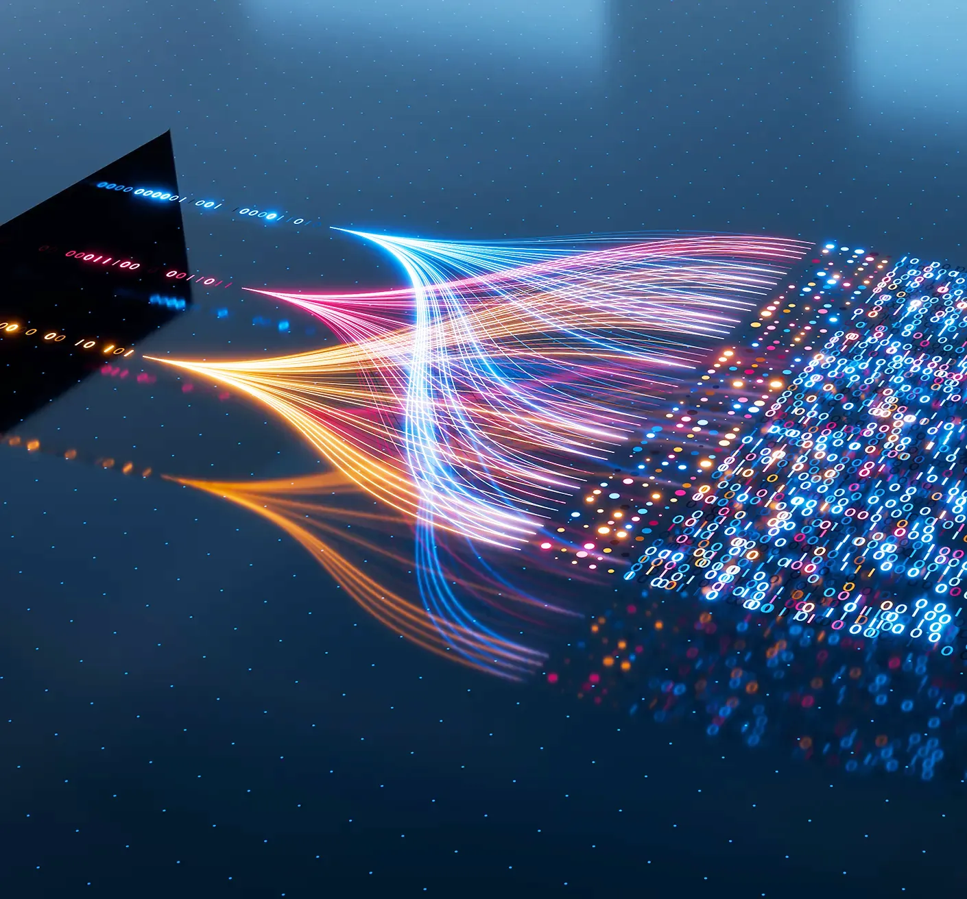 Abstract image of colorful, flowing lines converging into a matrix of glowing dots on a dark background, symbolizing data processing or digital networks.