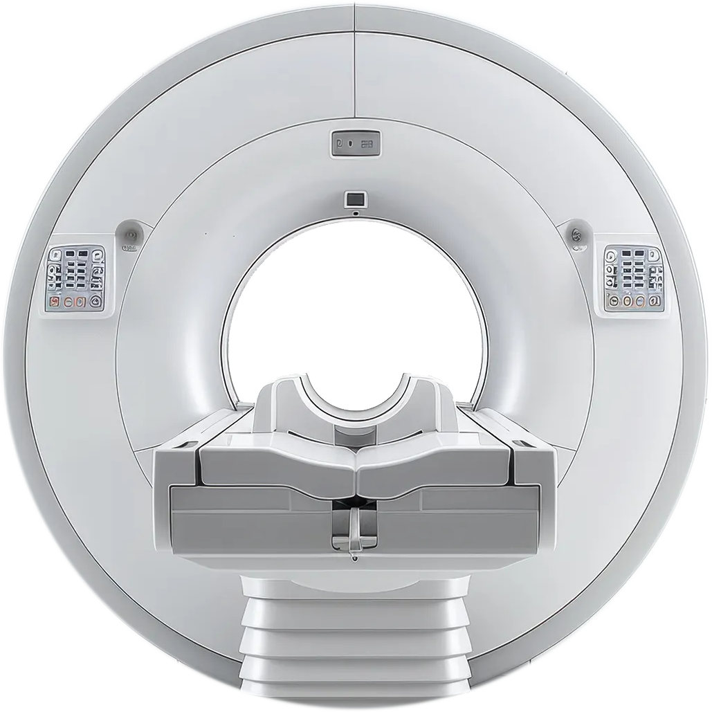 Front view of a large, circular, white MRI machine.