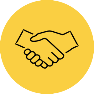 Icon of a handshake drawn in black on a yellow circular background.