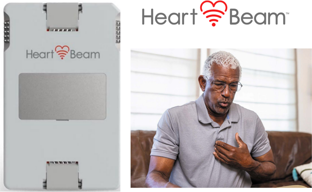 A man holding his chest appears concerned, sitting on a couch beside a HeartBeam device.