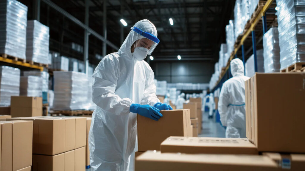 Worker in protective gear handling boxes in a large medical supply warehouse.