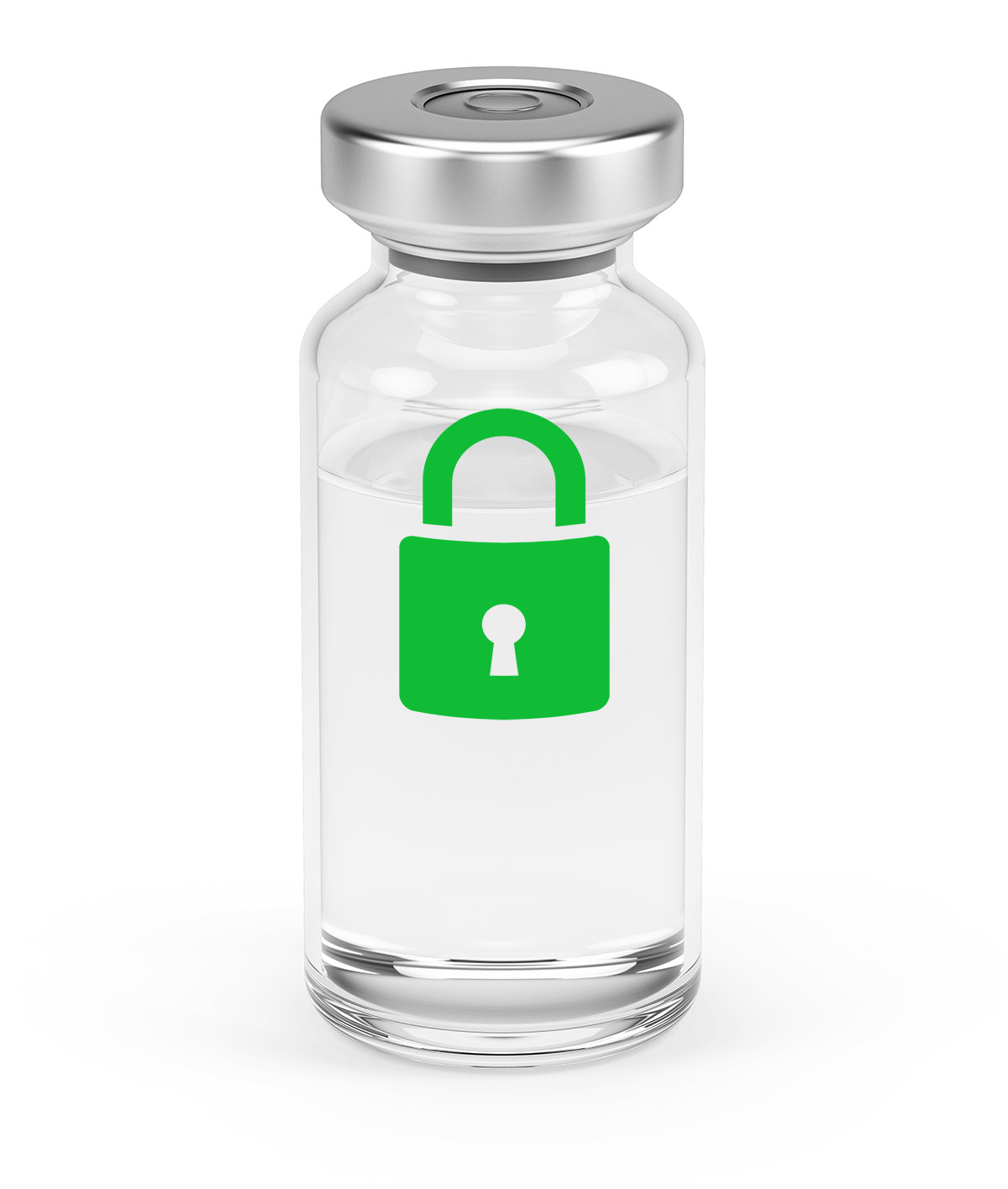 A glass vial with a green padlock icon on its surface, symbolizing security and sustainability.