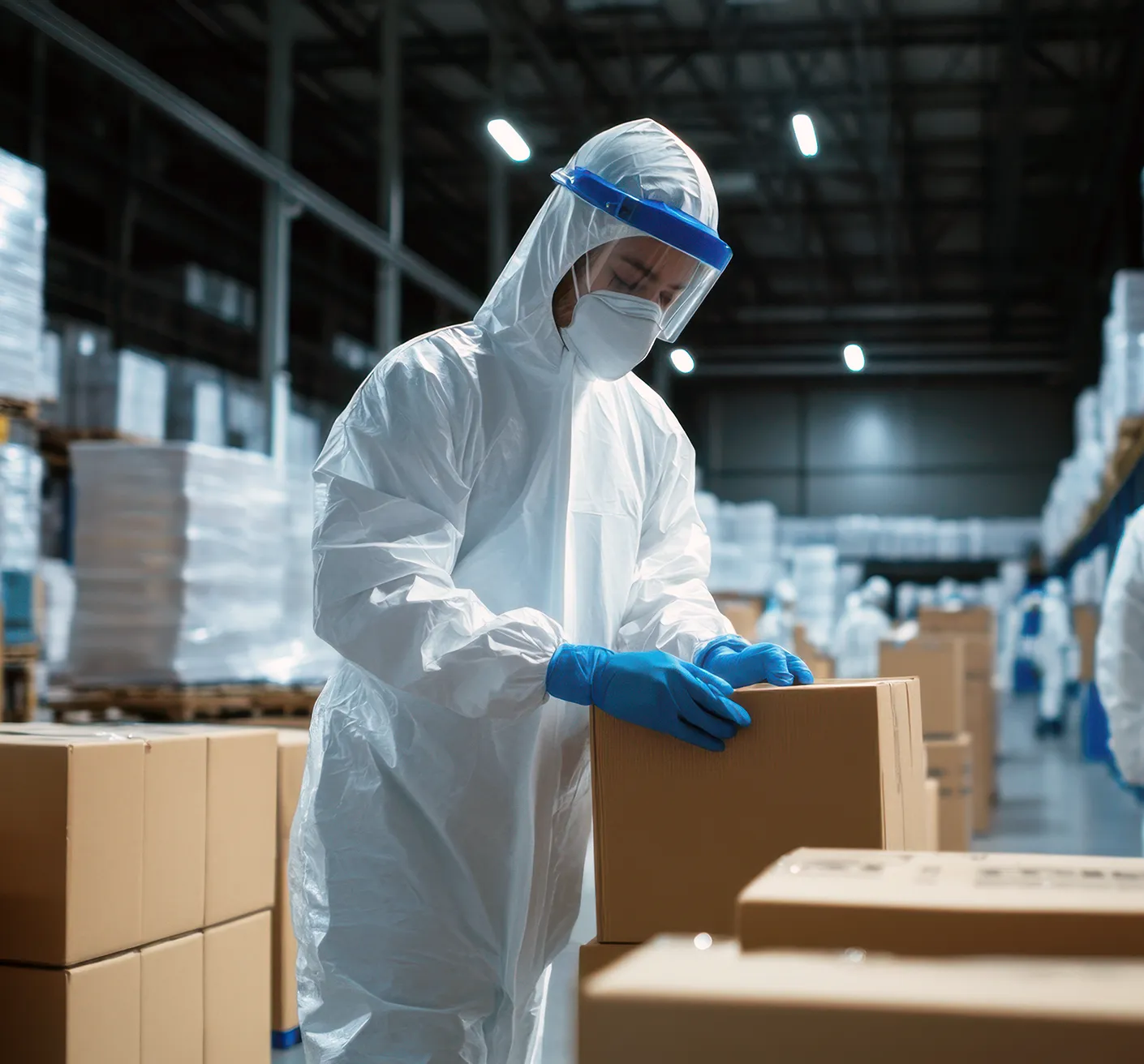 A person in full protective gear and gloves is handling a cardboard box in a medical supply warehouse.