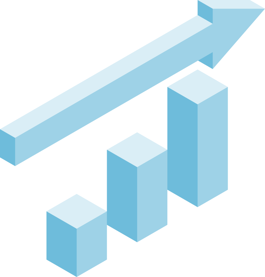 A blue 3D bar graph with three ascending bars and a large upward arrow above them.