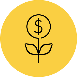 Yellow circle with a black line drawing of a plant, featuring a dollar sign as the flower—a nod to innovation in Triple Ring Technologies.