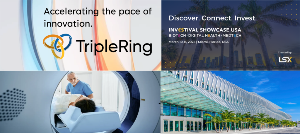 Collage image with TripleRing logo and event details for Investival Showcase in Miami. Includes a doctor conducting a scan and a view of a modern building.