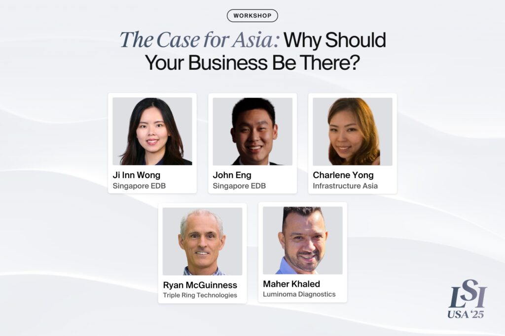 Promotional image for a workshop titled "The Case for Asia: Why Should Your Business Be There?" featuring five speakers with their names and affiliations.